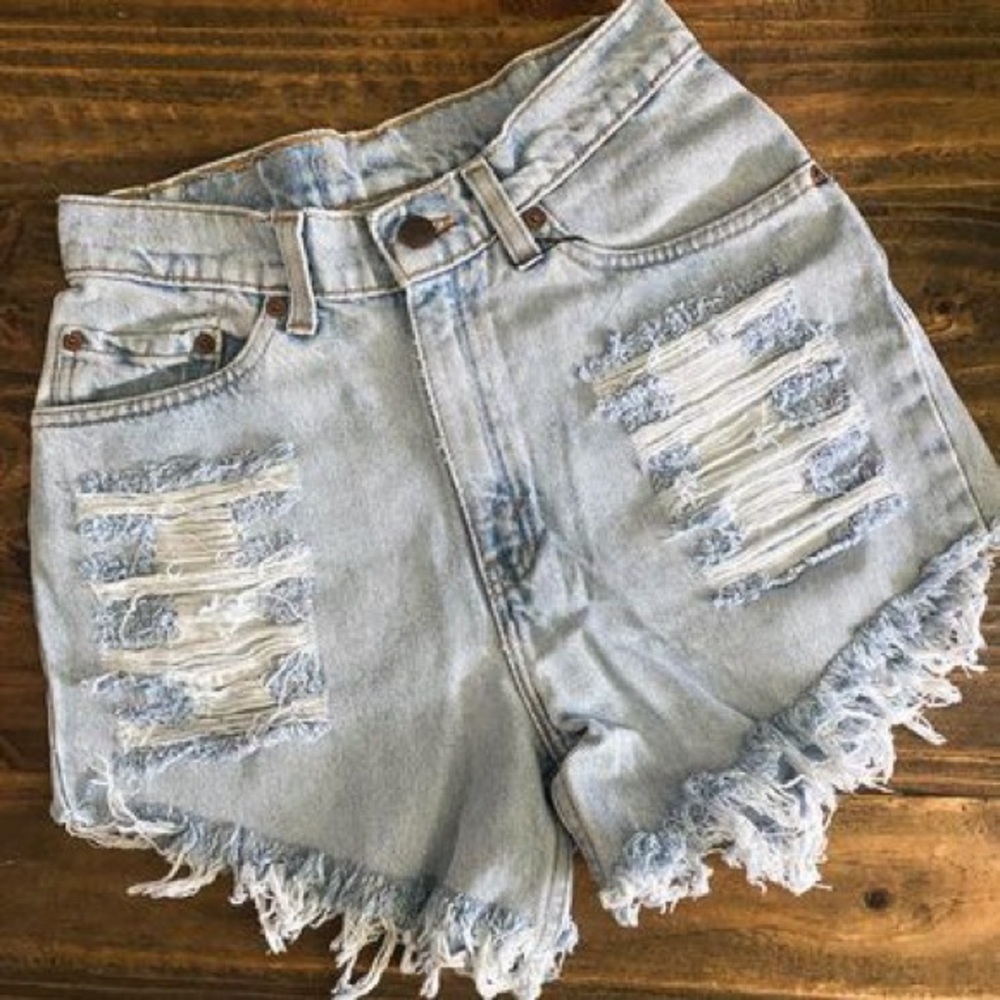High Rise Upcycled Distressed Levi Shorts - Picture 2 of 3